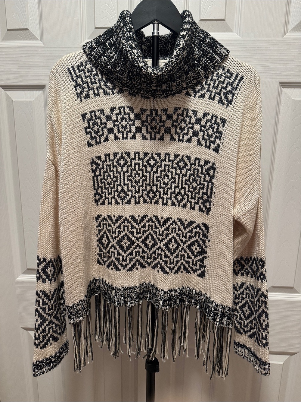 Miss Me Black & Cream Fringe Cowl-Neck Fair Isle Sweater
